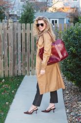 Classic Trench Coat with Burgundy Accents.