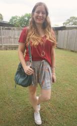 Red Tees, Printed Culotte Shorts and Teal Cocoon Bag