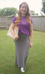 Grey Skirt Outfits With Purple