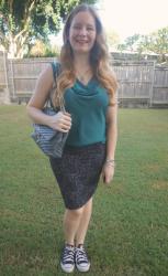 Blue and Green Office Outfits With Skirts And Rebecca Minkoff Edie Shoulder Bag