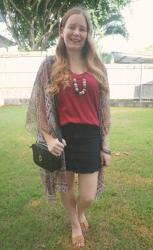 Burgundy Tees, Black Denim Skirts, Printed Cover Ups And Mimco Mim-Mazing Bag