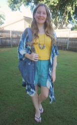 Kmart Linen Shorts and Blue Printed Cover Ups With Upcycled Denim Tote Bag