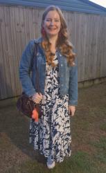 Navy Printed Dresses With Blazers and Purple Bags