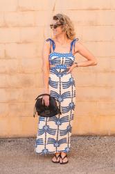 Cobalt and Black Palm Print Cutout Dress.