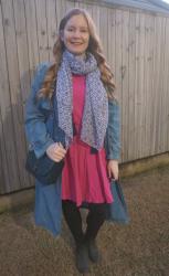 Pink Kmart Dresses With Denim Trench Coat and Navy Scarves