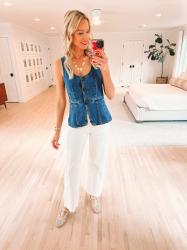 Denim Vest and White Barrel Leg Jeans