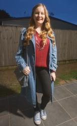Black Skinny Jeans, Blouses and Denim Trench Coat