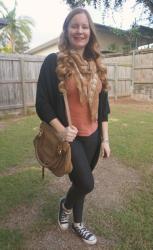 Rust Tees, Black Knits, Skinny Jeans and Converse