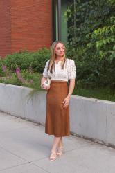 Summer Style: Faux Suede Midi Skirt + White Eyelet Top