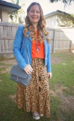 Red Tees, Printed Maxi Skirts, Blue Jackets and Rebecca Minkoff Edie Bag