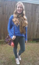 Blue Knit Jumpers With Scarves and Black Jeans
