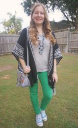 Green and Grey Jeans and Tee Outfits With Rebecca Minkoff Knit Ruana Poncho