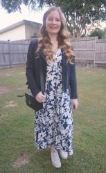 Floral Print Dresses With Navy Suede Moto Jacket and Mimco Mim-Mazing Crossbody Bag