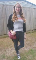 Black Cardigans, Striped Tees, Black Jeans and Converse