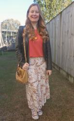 Red Maxi Skirt and Tee Outfits With Chloe Ethel Bag