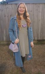 Striped Dresses, Kmart Denim Trench Coat and Polene Numero Neuf Mini Bag