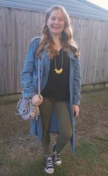 Anko Denim Trench Coat With Black Blouses and Colourful Jeans