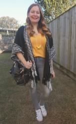 Yellow Tees, Black and White Cardigans and Grey Jeans With Rebecca Minkoff Cupid Bag