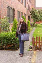 Fall Style: Faux Fur Coat + Striped Button-up Shirt