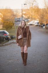 Brown Faux Fur Jacket With A Mini Skirt