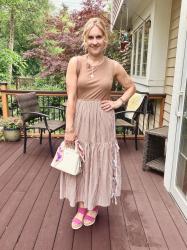 Playful Mixed Media Midi Dress with Stripes, Bows, and a Pop of Pink